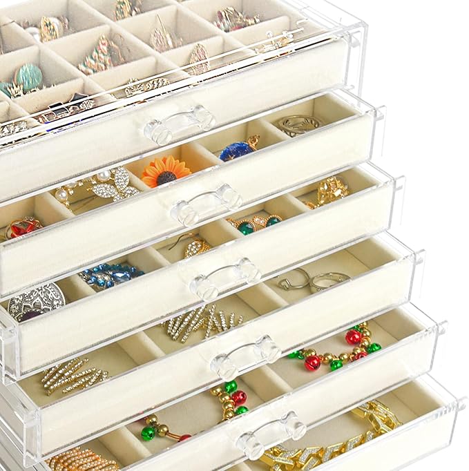 Acrylic Jewelry Box with 6 Drawers, Clear Earring Storage Organizer Display Case for Women Girls, Beige