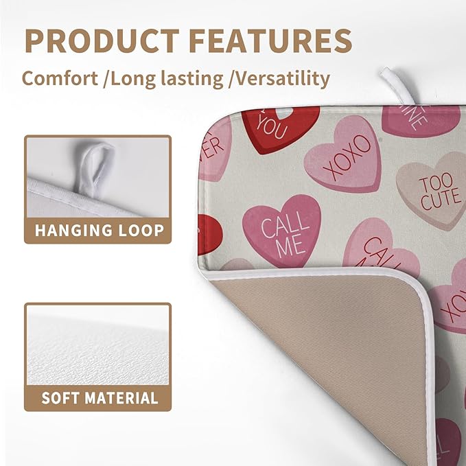 Wnoesat Valentine Love Heart Dish Drying Mat for Kitchen Counter 18x24 Inch Valentines Day Dish Mats Absorbent Microfiber Dish Draining Mat Reversible Dish Drying Rack Mat with Hanging Loop