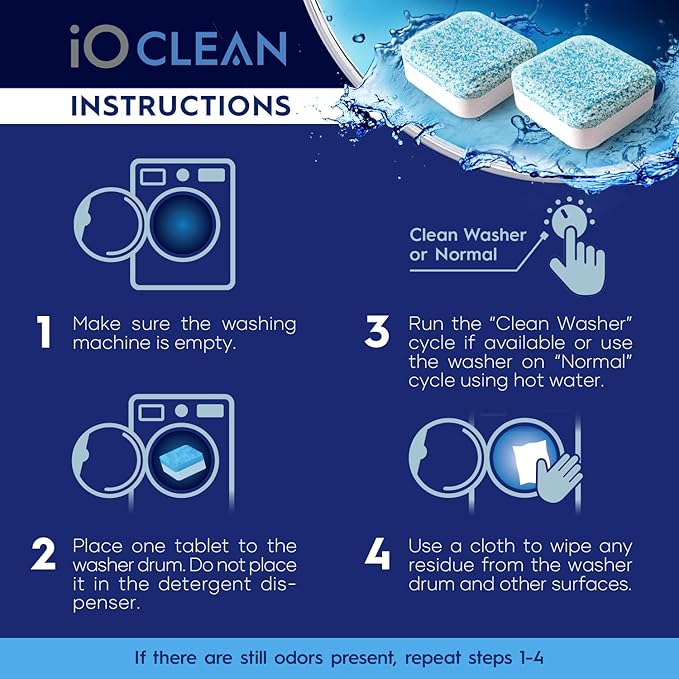 iO CLEAN Washing Machine Cleaner Descaler Tablets, 24 Count (1 Year Supply) – Deep Clean Washer Cleaner Tablets for HE Front Load & Top Load – Unscented Washing Machine Descaler for Odor Control