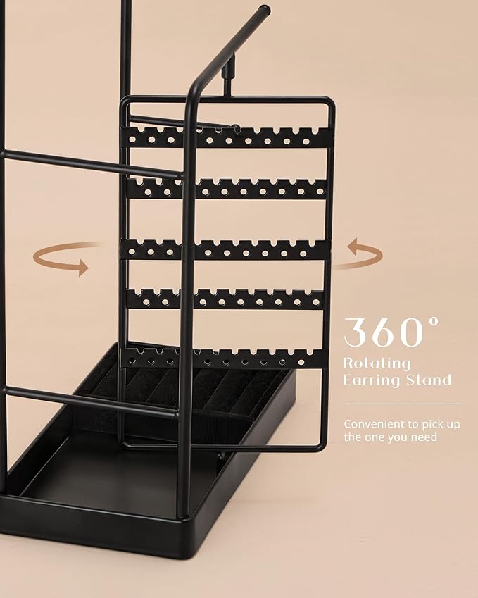 ProCase Jewelry Stand Holder Organizer, Jewelry Display Storage with Ring Tray, No-Assembly Needed, Rotating Earring Bracelet Necklace Holder, Christmas Gifts Room Dorm Decor for Teen Girls -Black