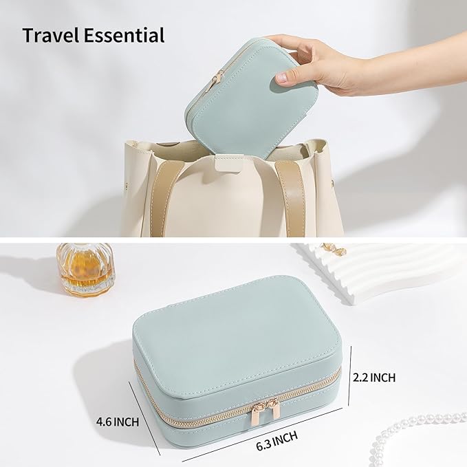 Genuine Leather Travel Jewelry Organizer Case with Mirror for Women, Small Mini Portable Jewelry Box for Ring Earrings Necklace Bracelet Luxury Gift for Women（Mint Green）