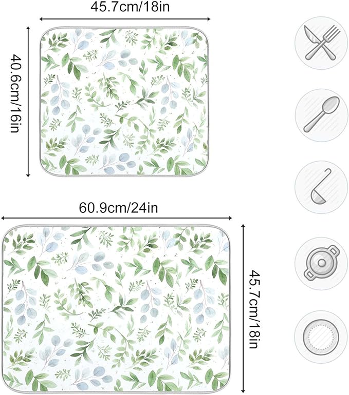 Green Eucalyptus Leaves Dish Drying Mat for Kitchen Countertop 16x18 Rectangle Small Drying Mat Reusable Quick Dry Dish Sink Absorbent Mats Dishwasher Easy Clean Decorative Home Decor Essentials