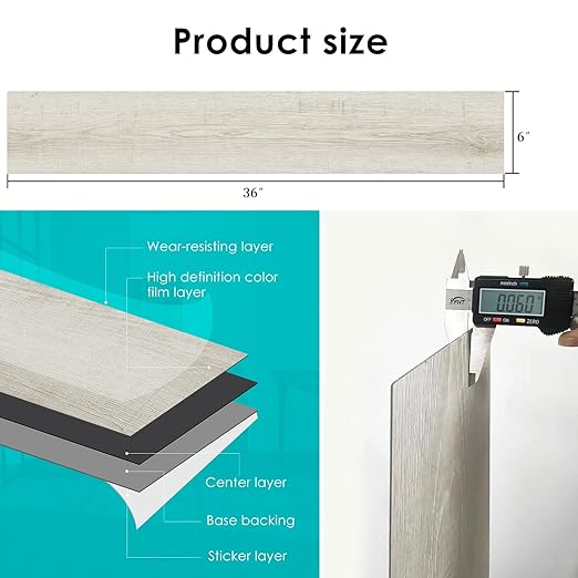 MULGREAT Peel and Stick Floor Tile, 54 Sq.Ft Self Adhesive Vinyl Flooring Plank, 36 Pieces Waterproof Heavy Duty Wood Grain Tiles, 36"x6" DIY Planks for Bedroom Kitchen Apartment Bathroom White