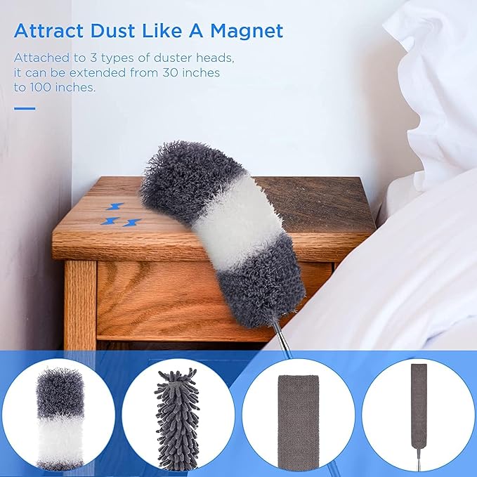 UIMO Microfiber Feather Duster 5-in-1 Kit for Dusting and Cleaning – 30–100" Extension Pole, Anti-Slip Grip, Bendable Washable Heads for Ceiling Fan, Furniture, Car (Blue)