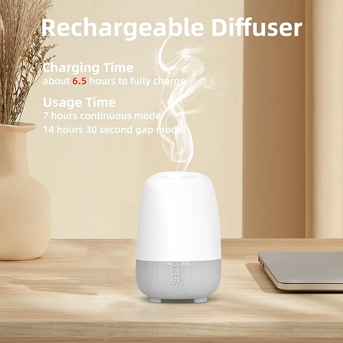 150ML Rechargeable Battery Operated Essential Oil Diffuser, Portable Cordless Aromatherapy Diffuser,7-Hour Runtime with 7 LED Color Changing Lights for Home, Office, Bathroom, Travel