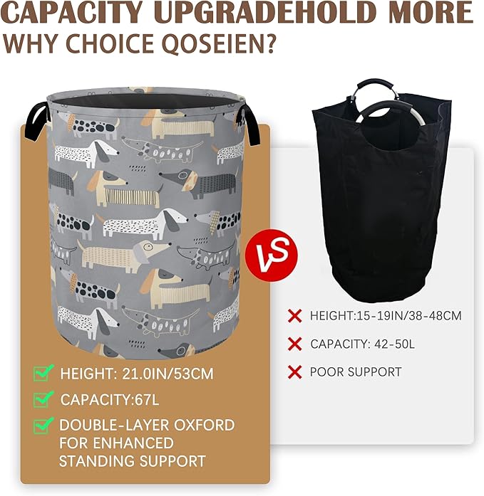 Cute Dachshunds Laundry Basket,Grey Dogs Collapsible Laundry Baskets with Handles,Waterproof Oxford Cloth Storage Basket 16"x20" for Bathroom/Bedroom/Dormitories