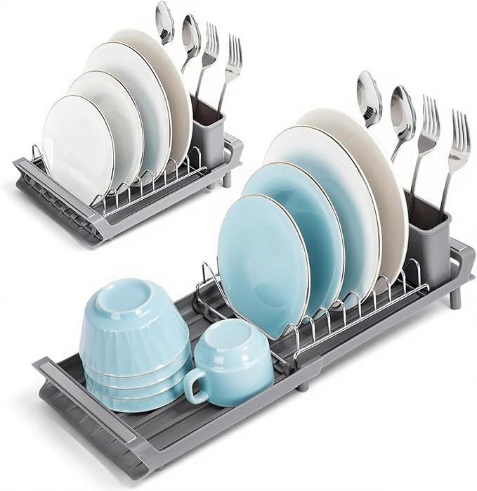 Small Expandable Dish Drying Rack – Compact & Space-Saving – No Spout, No Leaks – Durable, Rust Resistant & Easy to Clean – Ideal for Kitchens, Apartments & RVs – Extend 10.9 to 18.6 inches (Gray)