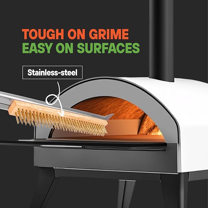 SCRUBIT 26" Pizza Oven Brush with Scraper, Heat Resistant - Stainless-Steel 2-in-1 Pizza Stone Brush with Pizza Stone Cleaner, Includes 2 Brush Heads and 30 Waste Bags - Works with Ooni Pizza Oven