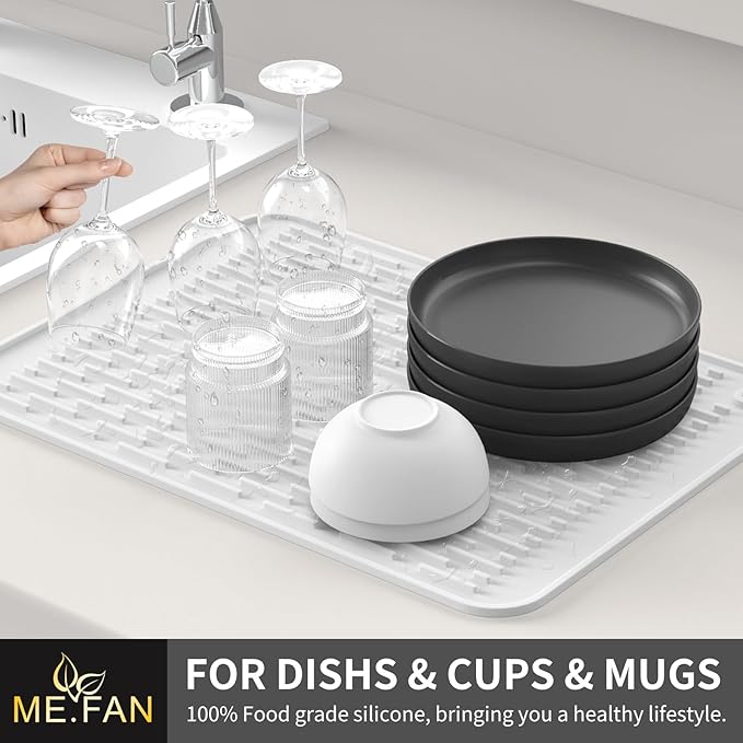 ME.FAN Silicone Dish Drying Mat for Kitchen Counter, Dish Drying Pad for Sink, Refrigerator or Drawer, Countertop Protection Pad S - 12'' x 8'' - White