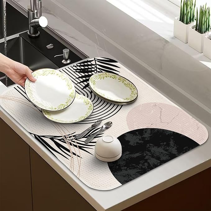 Quick Absorbent Kitchen Drying Mat - Stylish Patterns Dish Drying Mat- 16×18 Inch & 18×24 Inch Kitchen Drainer Mat for Countertops, Dishes & Glassware