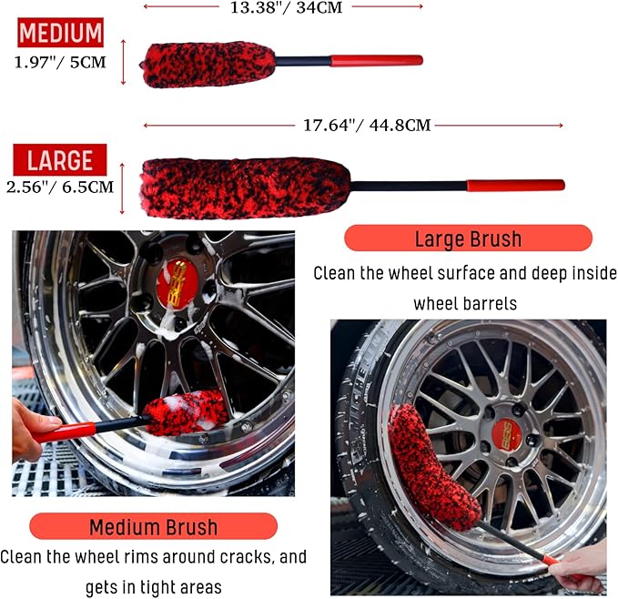 oesee Professional 4 Pack Long Handle Wheel Brush Kit for Cleaning Wheel and Tire- 2X Soft Wheel Cleaning Brush, Detailing Brush and Stiff Tire Brush, Bendable& Durable Wheel Rim Cleaner Brush Set