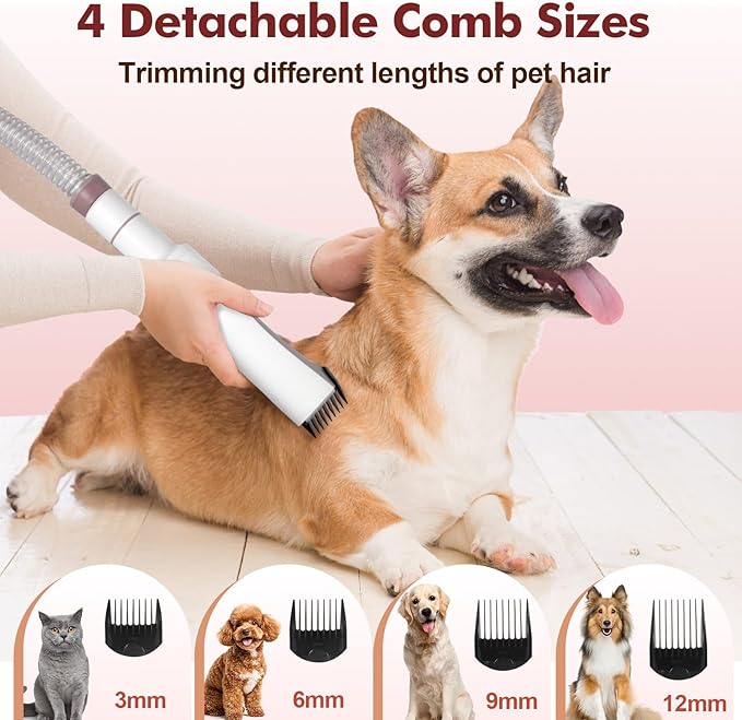 Crazydeer Dog Grooming Vacuum, 12000Pa Powerful All-in-One Pet Grooming Vacuum for Dogs Cats, Low Noise Pet Hair Clipper with 3.2L Dust Cup for Shedding Pet Hair, Low Noise, 3 Levels, White