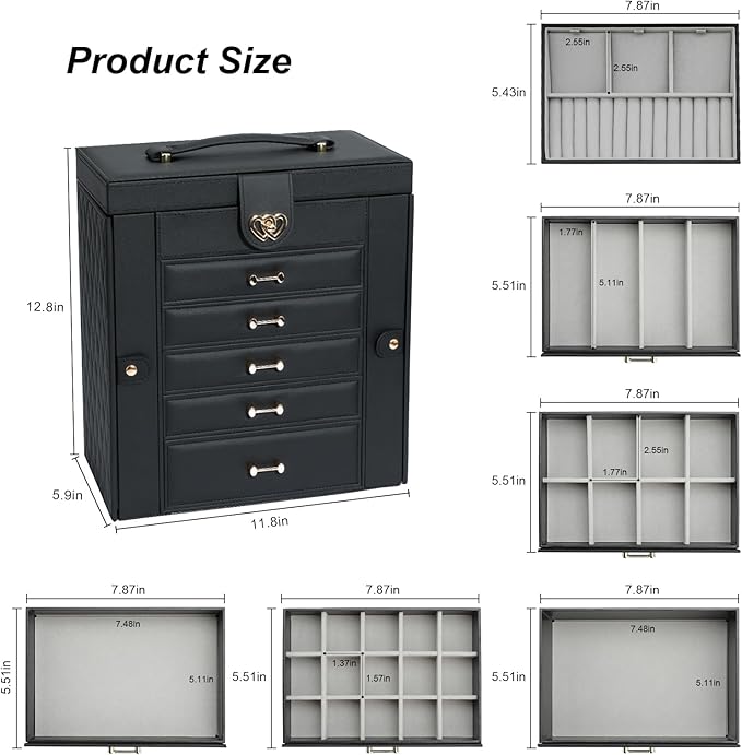 Large Jewelry Box,Jewelry Organizer Box with 5 Drawers,6-Tier Jewelry Holder Organizers Jewelry Storage Case with Mirror,Jewelry Boxes for Women (Black)