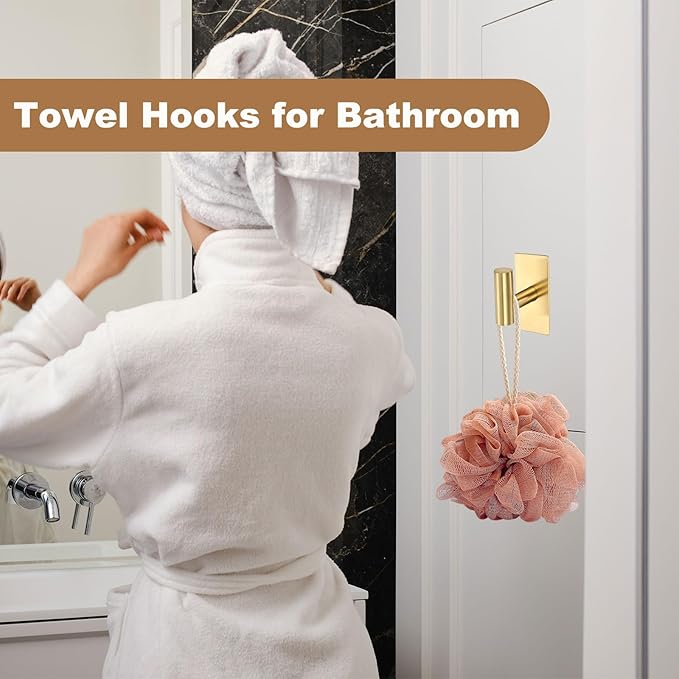 2 Pack Towel Hooks for Bathroom, Wall Hooks Self-Adhesive No-Drill Door Hanger Apply to Shower/Kitchen/Bedroom/Hanging Coat/Towel/Robe (Gold)