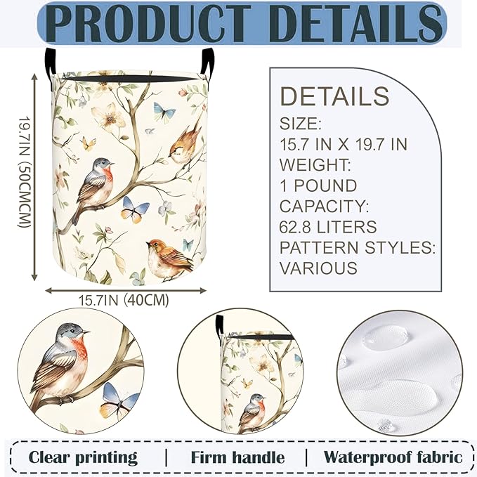 Birds and Butterfly Laundry Basket Hamper 19.7"x15.8", Floral Foldable Waterproof Oxford Clothes Storage Bucket for Room Bathroom Bedroom Nursery Decor, Toy Organizer Bins Gifts for Kids Boys Girls