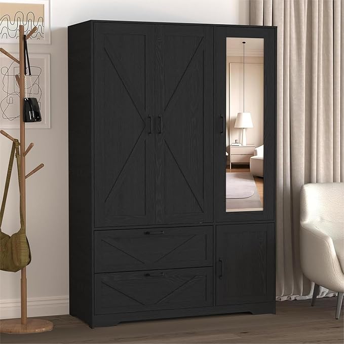 Armoire Wardrobe Closet with Mirror and 2 Drawers, 72''H Bedroom Armoire Wardrobe Cabinet with Hanging Rod and Light,Wooden Bedroom Closet with Adjustable Shelf