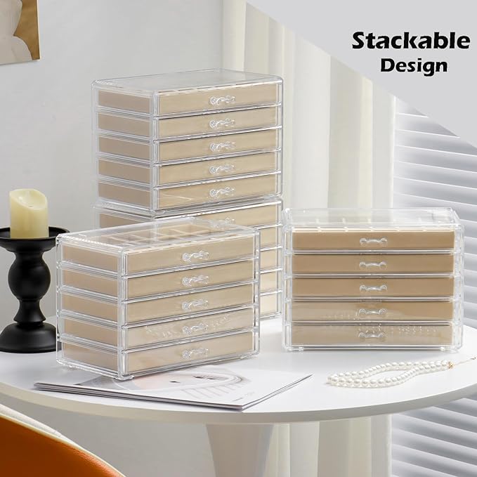Jewelry Organizer with 5 Drawers Clear Acrylic Earring Display Case Velvet Jewelry Storage Box Display Holder for Earring Ring Bracelet Necklace (Beige, 66 Grids)