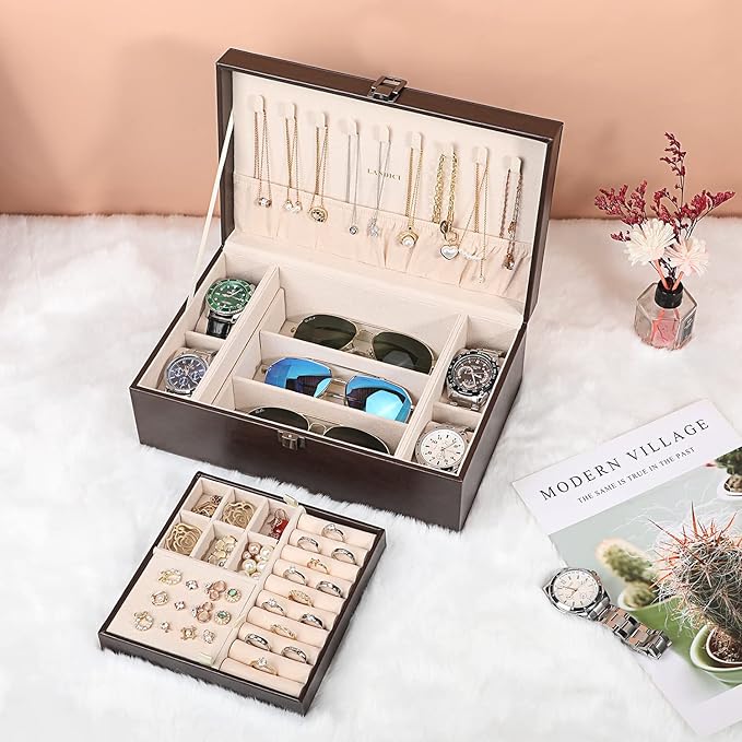 LANDICI Jewelry Box Organizer for Men Women, 2 Layer 4 Slot Watch Storage Case with Removable Tray, PU Leather Large Jewellery Holder Display for Watches Sunglasses Rings Earrings Necklace, Coffee