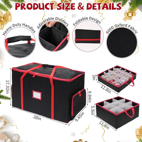 2-in-1 Christmas Ornament Storage Box & Xmas Figurine Container with Dual Zipper Closure Adjustable Dividers and Removable Trays Premium Christmas Ornament Storage Containerd(Black)