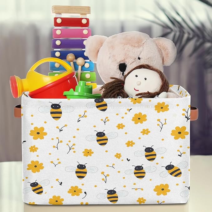 Bee Storage Basket for Shelves, Storage Bins with Handles, Collapsible Basket for Organizing, Closet Toy Baskets for Nursery Room, 15x11x9.5 in, Canvas, Yellow Bee