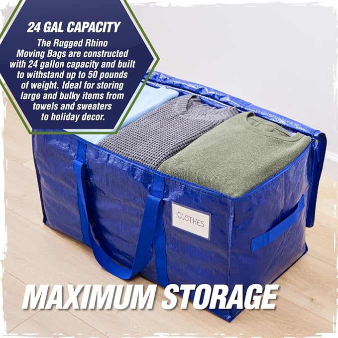 RUGGED RHINO 6 Pack Heavy Duty Extra Large Blue Moving Bags, Durable Bag with Strong Handles and Zipper, Moving Boxes Alternative for College Packing, Holiday Décor, Space Saving Storage with Label