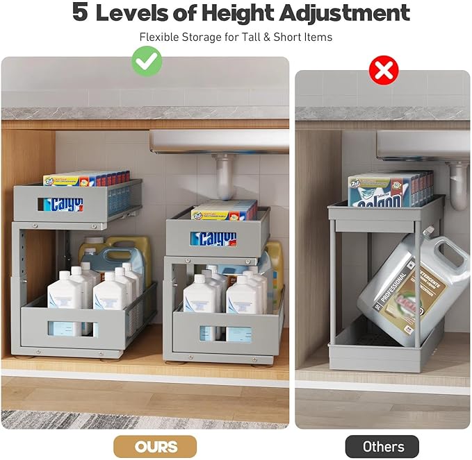 1 Pack 17IN Depth Under Sink Organizer, 2-Tier Pull Out Cabinet Organizer With Smooth Circular Rail, Large Capacity Metal Mesh Sliding Drawers For Bathroom& Kitchen Storage,Height Adjustable-Gun Gray