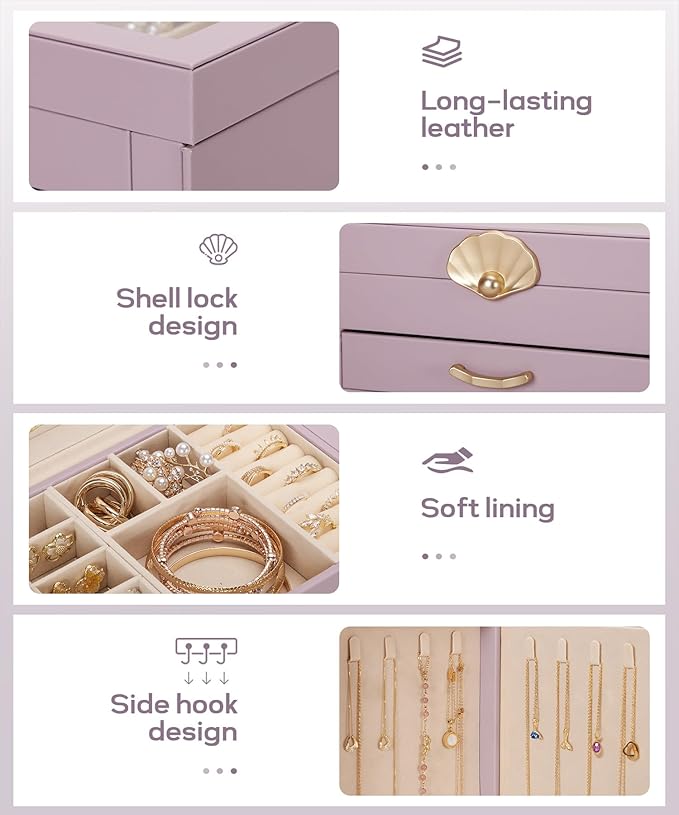 Jewelry Box with 4 Drawers: Display Organizer for Earrings Necklaces - Gifts for Girls Women (Grey Purple)