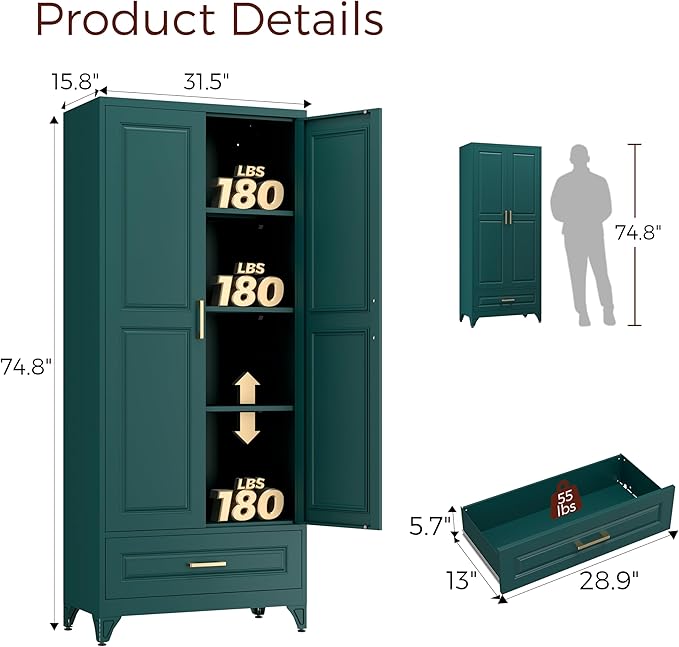 75" Kitchen Pantry Cabinet with Drawer, Metal Storage Cabinets with Doors and Adjustable Shelves, Green Tall Pantry Cabinet for Dinning Living Room, Home