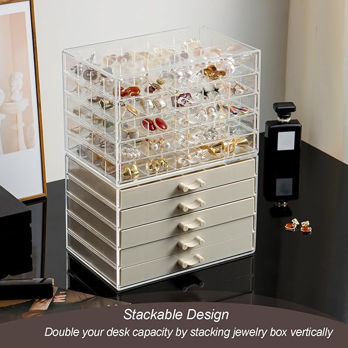 Earring Holder Organizer Acrylic Earring Storage Box for Girls Women Jewelry Organizer Display Case with 100 Small Compartment (Clear, 5 Drawers)