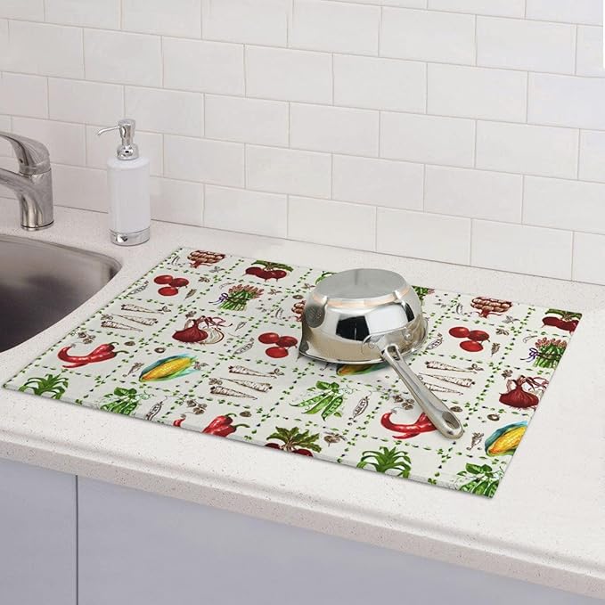 Vegetables Peppers Corn Dish Drying Mat 18x24 For Kitchen Counter Absorbent Microfiber Dishes Pad Dish Drainer Rack Mats Fast Dry Kitchen Accessories