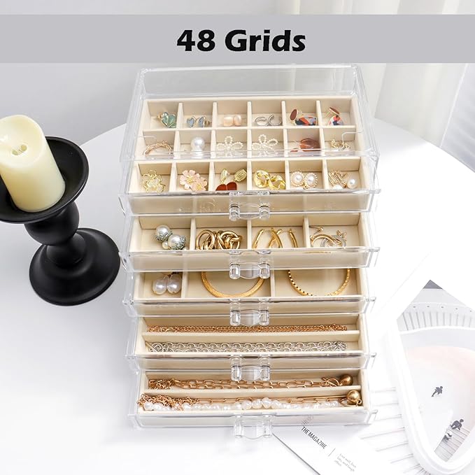 Jewelry Organizer with 5 Drawers Clear Acrylic Earring Display Case Velvet Jewelry Storage Box Display Holder for Earring Ring Bracelet Necklace (Beige, 48 Grids)