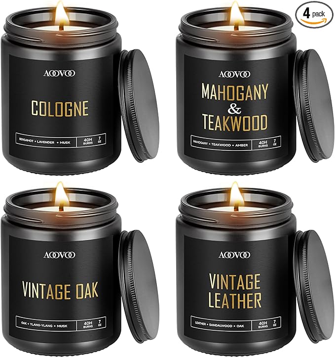 AOOVOO Scented Candles for Men - 4 Pack Candles for Home Scented, 28oz Soy Wax, 200 Hour Burn Time, Men Candle Set, Vntage Leather/Vntage Oak/Mahogany Teakwood/Cologne Candle Set