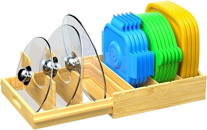 HWQBany Pots and Pans Organizer, Bamboo Expandable Cutting Board Organizers, Adjustable Pot Lids Organizer for Cabinet with 5 Adjustable Dividers for Pots, Pans, Baking Sheets, Cutting Boards, Nature