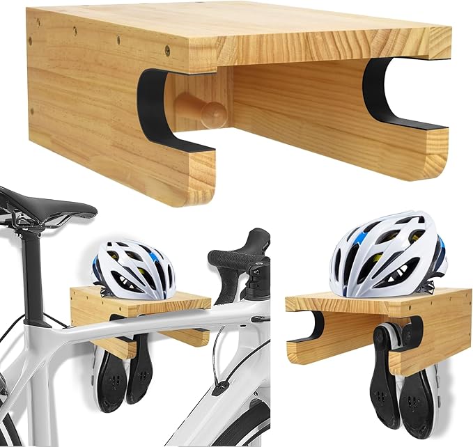 Wooden Bike Wall Mount Rack with Shelf and Hooks for Home, Space-Saving Indoor Horizontal Bike Storage Rack for Garage, Wood Wall Mounted Bike Hangers for Single Road, Mountain Bicycle