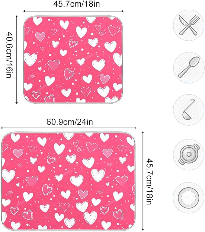 Hot Pink Love Dish Drying Mat for Kitchen Countertop 18x24 Happy Valentine’s Day Heart Large Drying Mat Reusable Quick Dry Dish Sink Mats Easy Clean Decorative Essentials
