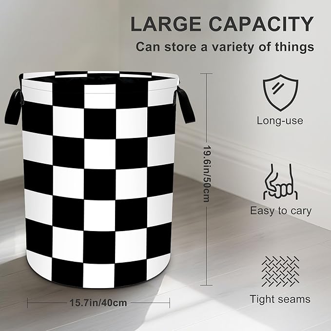 Black White Checkered Laundry Basket Storage Bin Foldable Laundry Hamper Clothes Storage Bucket Organizer 19.6x15.7 Inch For Laundry Room/Bedroom/Bathroom