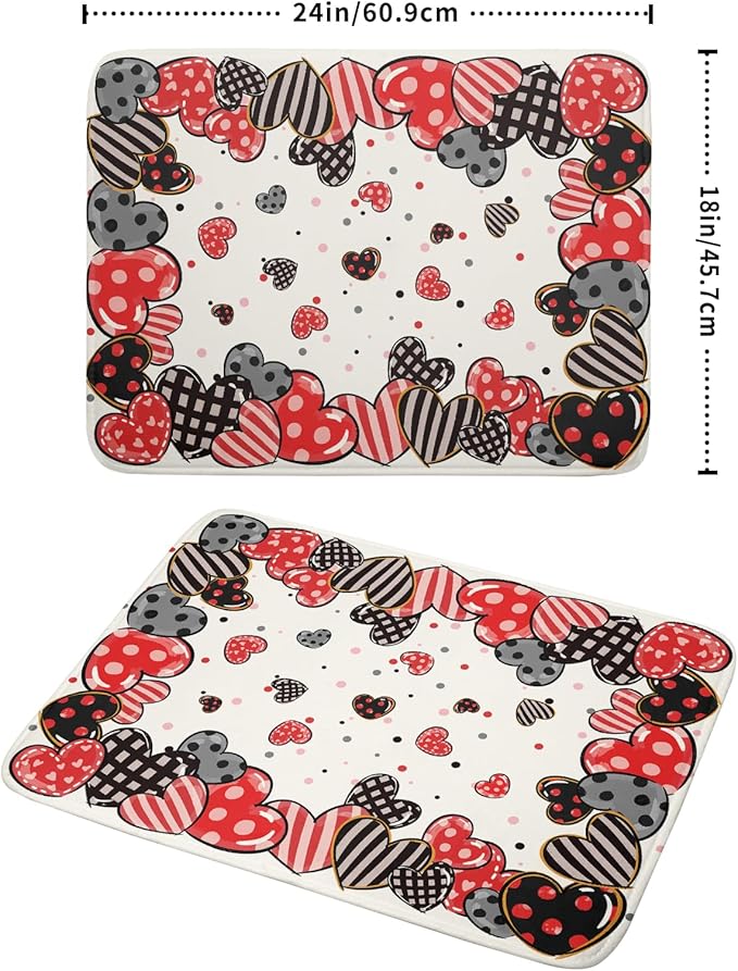 Red Heart Dish Drying Mat 18"x24" Love Dots Microfiber Dish Drainer Rack Mat Holiday Absorbent Fast Dry Pad for Kitchen Counter Home Decor