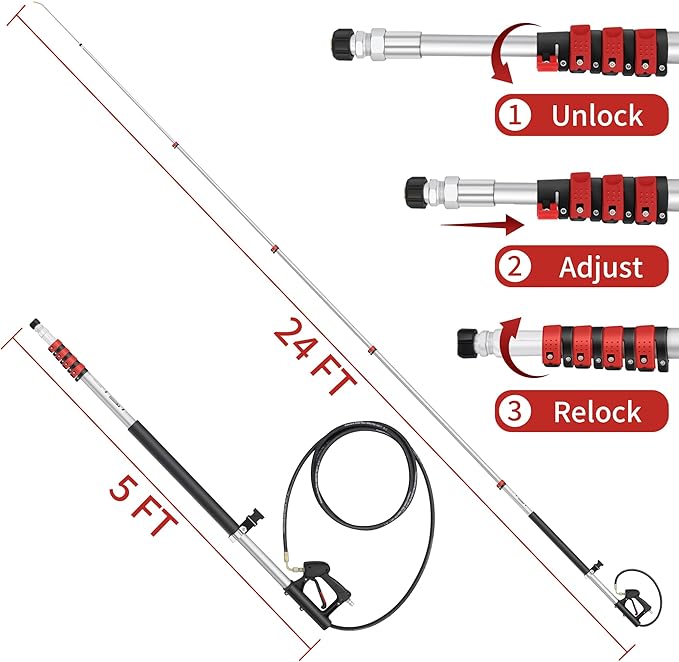 24 FT Telescoping Pressure Washer Wand - Gutter Cleaner Attachment with Power Washer Extension Wands, 7 Spray Nozzle Tips, 3 Hose Adapters, Brush and Support Belt