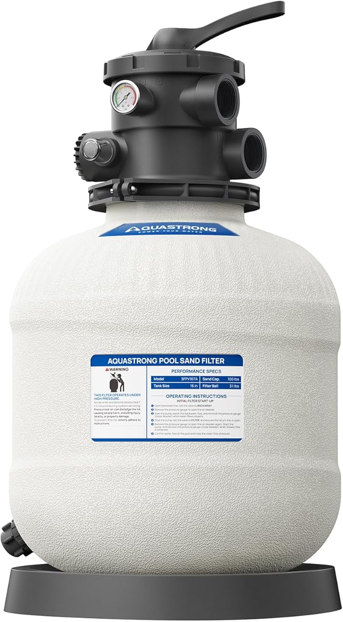 Aquastrong Sand Filter System with 6-Way Valve, Top-Mount Valve Pool Sand Filter, 16in Pool Filter Fits all Above Ground Pools Up to 16000 Gallons