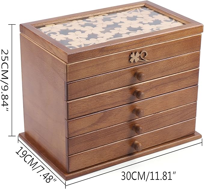 Eapmic Extra Large Four-Leaf Carved 6 Layers Wooden Jewelry Box Jewelry Case Cabinet Armoire Ring Necklacel Gift Storage Box Organizer (Brown Style 1)