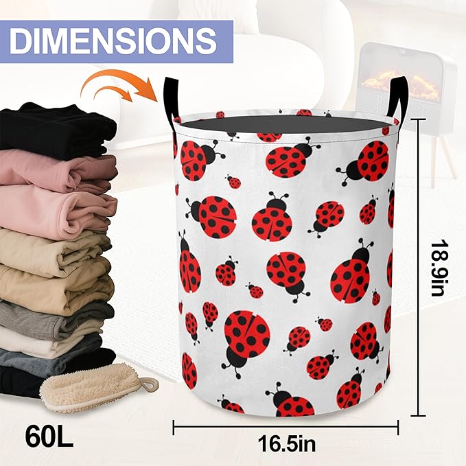 Cute Red Ladybugs Laundry Hamper Large Canvas Fabric Lightweight Storage Basket/Dirty Clothes Collapsible Waterproof for College Dorms, Boys and Girls Bedroom,Bathroom