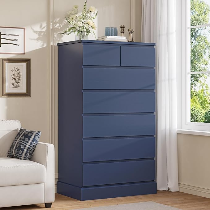 DICTAC Tall Dresser for Bedroom with 7 Drawers, 51.8" Tall Blue Dressers & Chests of Drawers, Modern Wood Closet Organizer and Storage Cabinet, Large Vertical Dresser for Bedroom, Closet, Hallway