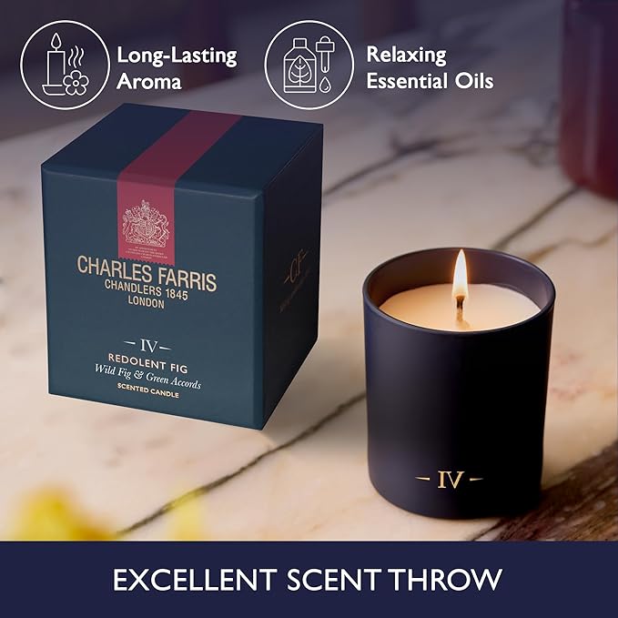 Charles Farris Luxury Scented Candle – 1 Wick, Hand-Poured, Long Lasting, Clean Burning, 210g / 7.5oz, Burns for up to 50 Hours, Made in England – Wild Fig & Green Accords – Redolent Fig