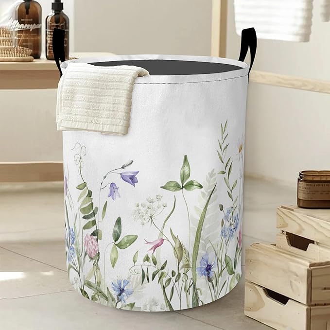 Vintage Wild Flowers Laundry Basket-Large Foldable Hamper Holder Portable Tall Collapsible Laundry Hamper Storage Basket Bin with Handles, Canvas & Waterproof lining for Household Items