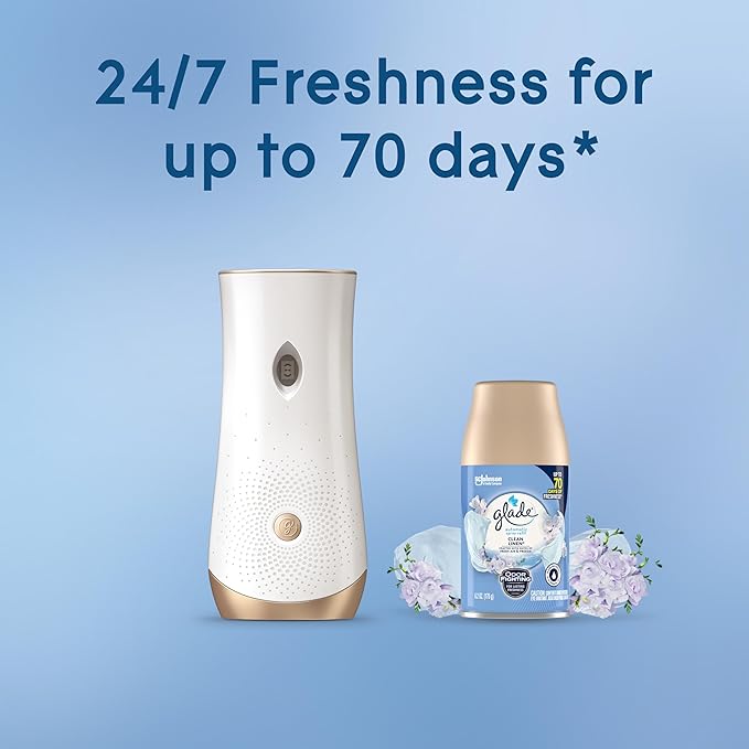 Glade Automatic Spray Refill and Holder Kit, Air Freshener for Home and Bathroom, Clean Linen, 6.2 Oz, 2 Count