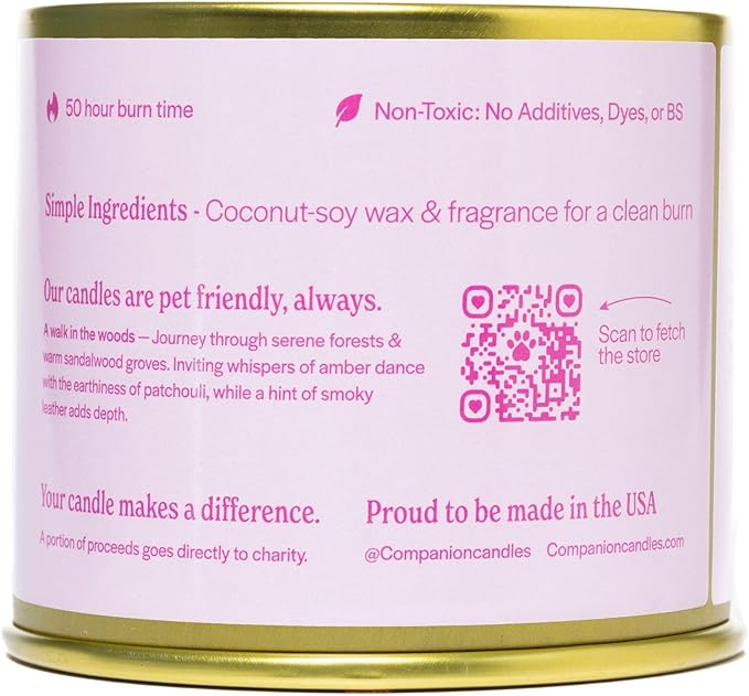 Companion Candles Pet Safe Wood Wick Candle - “I Love You, I Love You!” Sandalwood & Amber, Coconut Soy Wax Scented, Over 50 Hr Burn Time, Non-Toxic, Women-Owned, Made in USA (11.8 oz.)