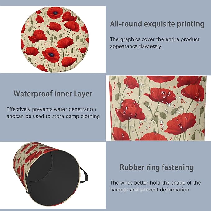 Vintage Poppy Flower Laundry Basket,Oxford Cloth Laundry Hamper with Handle Foldable Portable Clothes Storage Basket for Bathroom Bedroom Dorm Room 16" x 20.8"