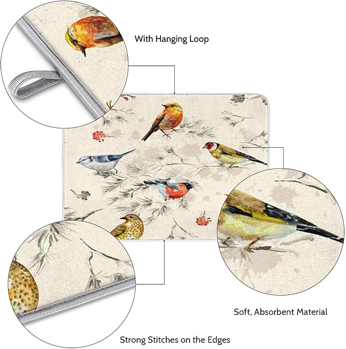 Hexteria Vintage Birds Dish Drying Mat for Kitchen Counter, Absorbent Reversible Microfiber Dish Drying Pad Kitchen Drying Mat for Home Decor, 16 x 18 inch