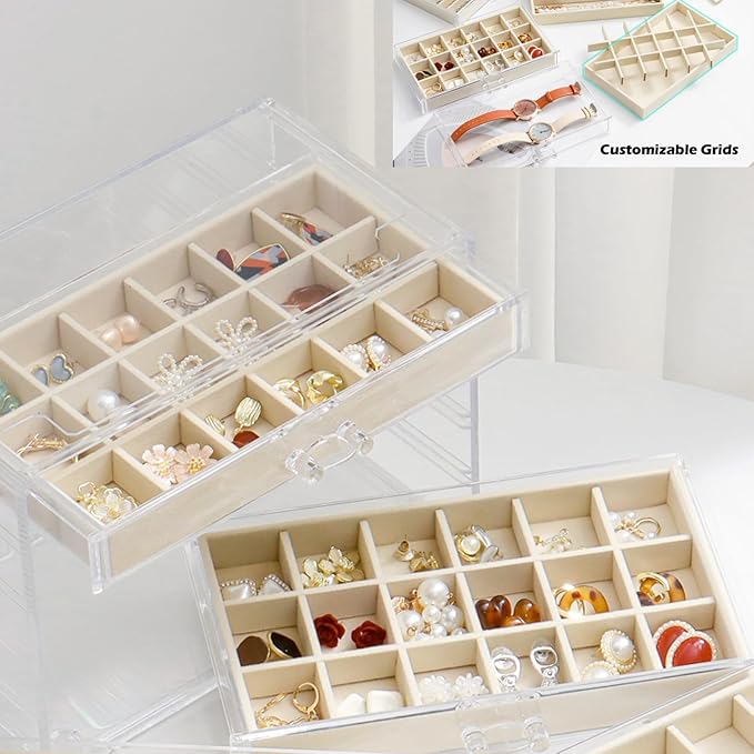 Jewelry Organizer with 5 Drawers Clear Acrylic Earring Display Case Velvet Jewelry Storage Box Display Holder for Earring Ring Bracelet Necklace (Beige, 66 Grids)