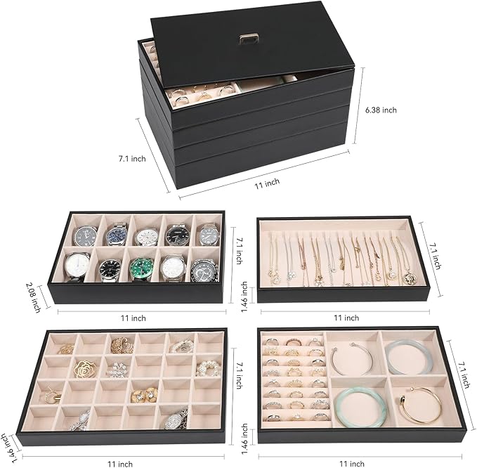 Voova Stackable Jewelry Organizer Tray with Lid, PU Leather Jewelry Storage Holder for Drawer Inserts, Jewellery Display Box Case for Earring Necklace Ring Watch Bracelet (Set of 4, Black)